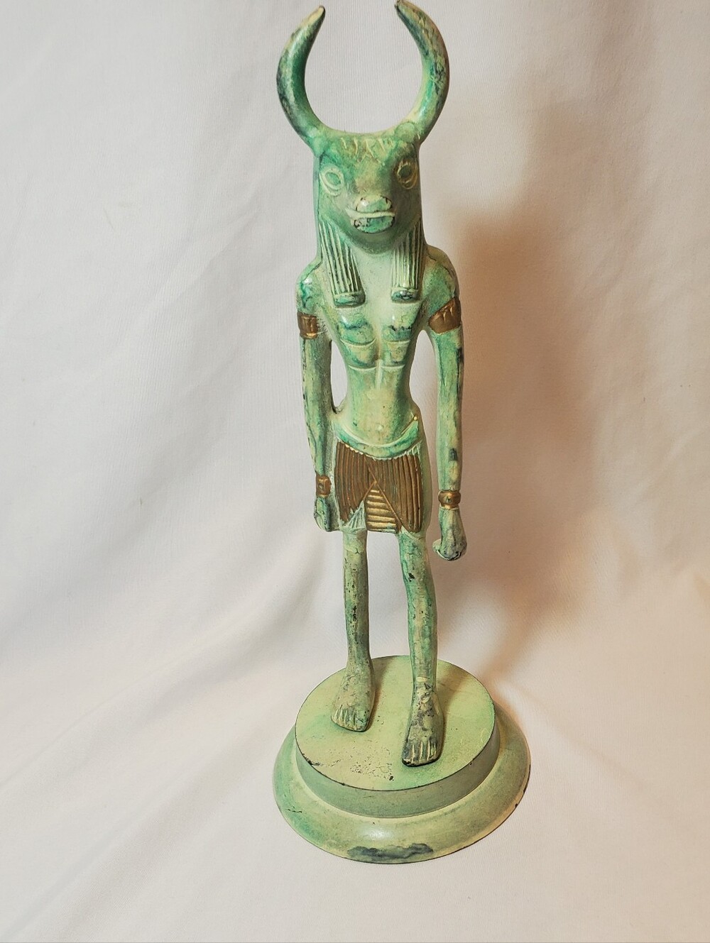 Hathor Vtg Handcrafted Turquoise Green Egyptian-Style Metal Horned Figure Statue